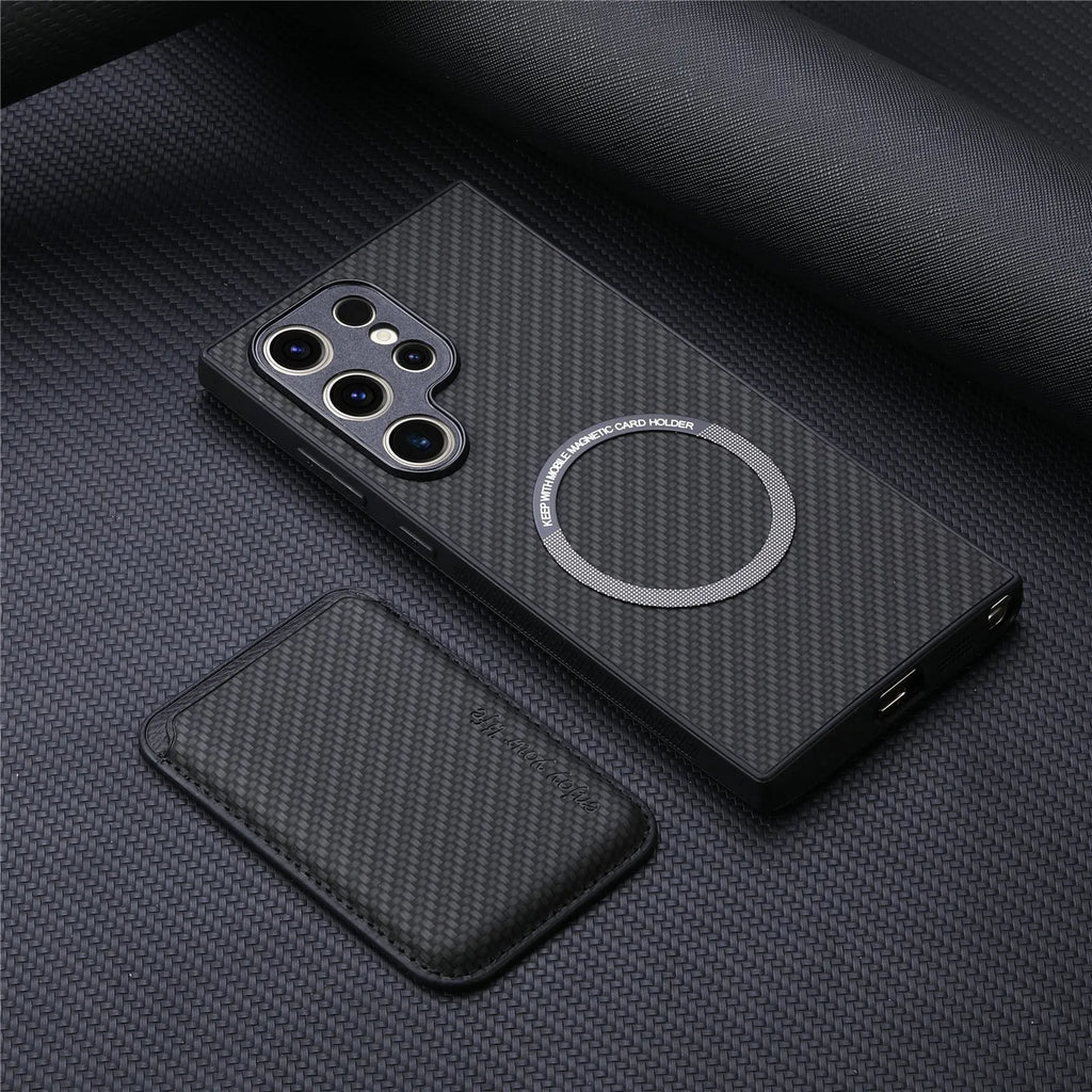 Samsung phone case with two-in-one suction Magsafe card holder in leather finish, black colour, side view