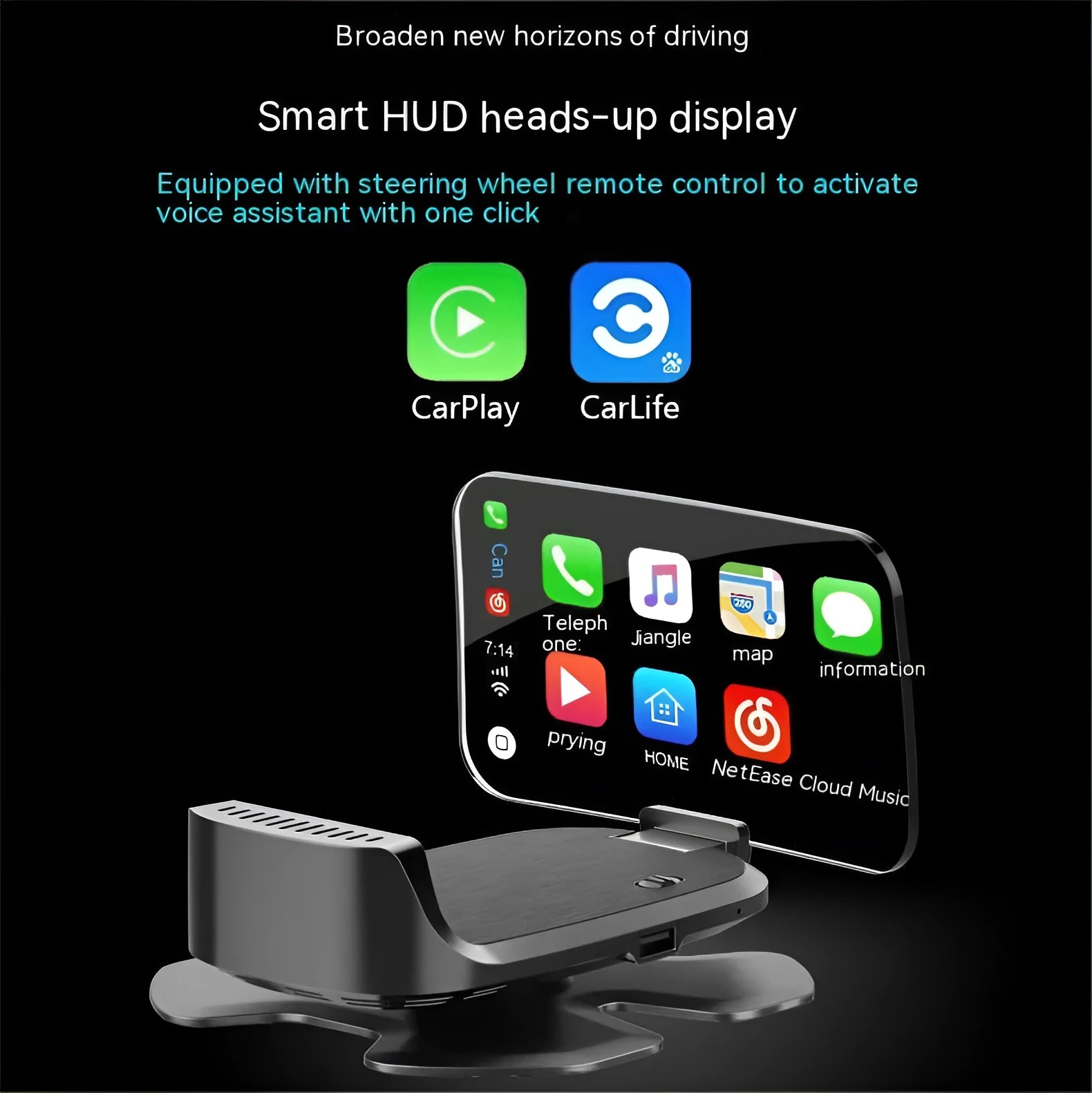 Black car HUD head-up display projector unit with OBD connector and CarPlay compatibility