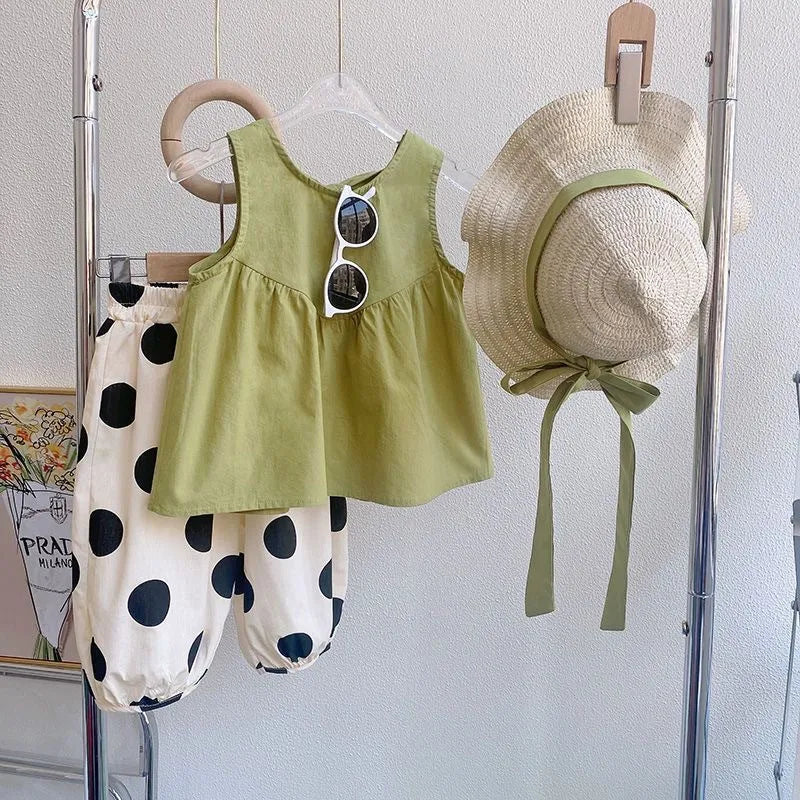 Girls' cotton polka dot sleeveless vest and cropped bloomers suit in green