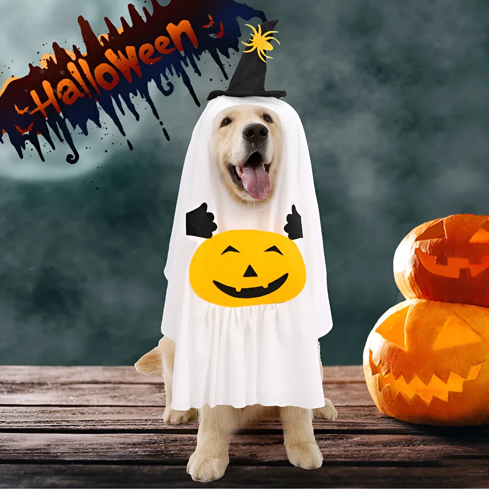 White pumpkin ghost Halloween costume for dogs in viscose fibre material