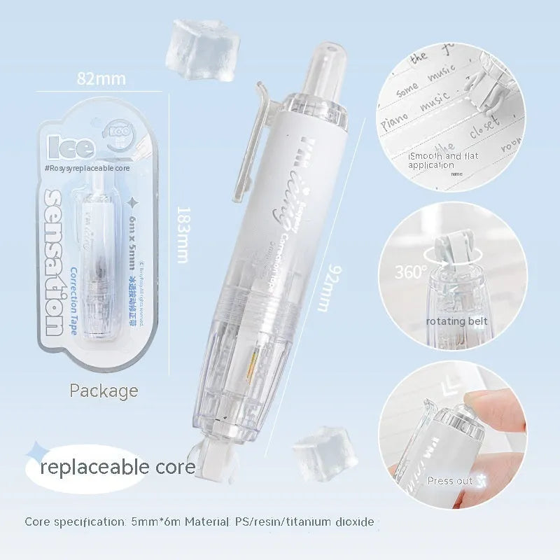 Press correction tape in white colour showing applicator and tape head, compact 5x6cm size