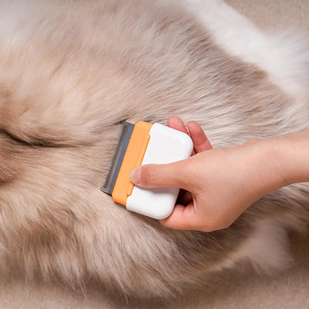 Blue double-sided pet grooming comb with stainless steel teeth and ABS handle for deshedding and massage