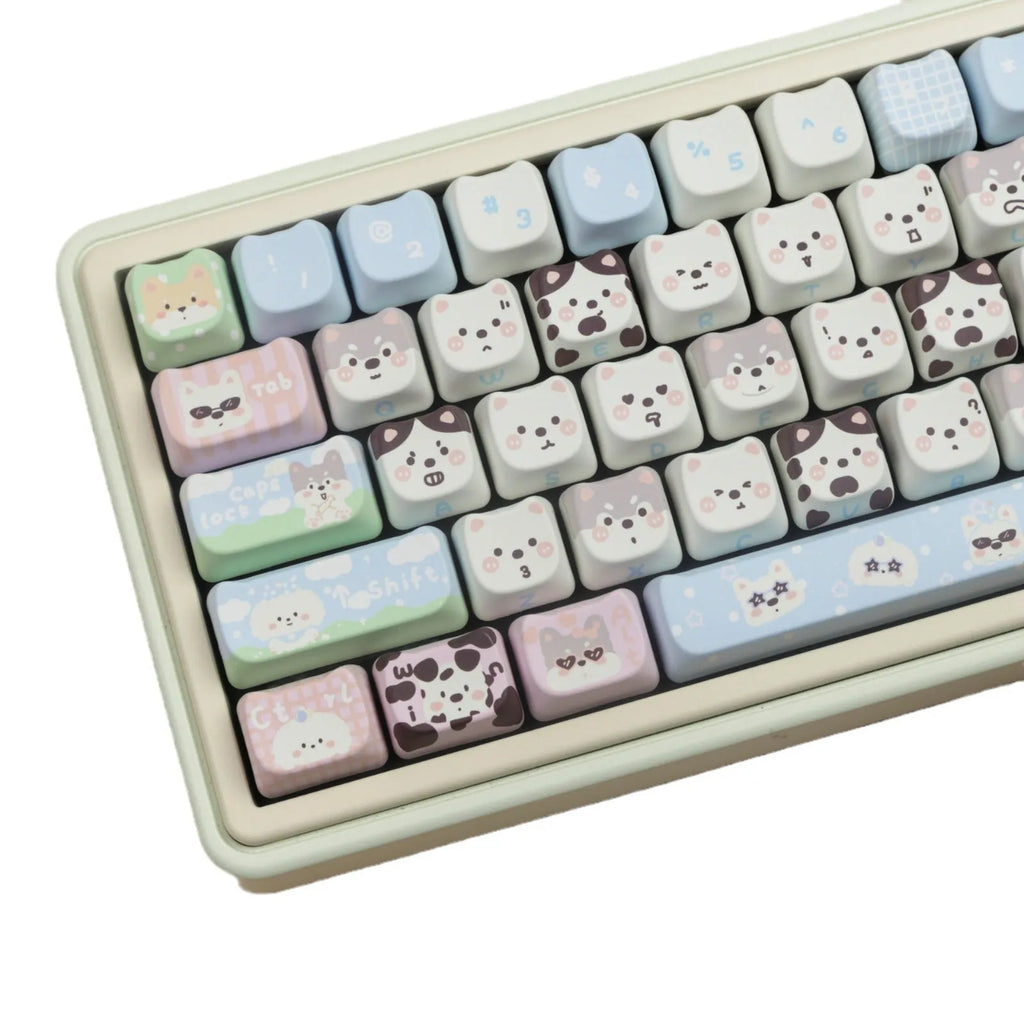 Full set of PBT keycaps for mechanical keyboards with colourful sublimation printed cat and puppy designs