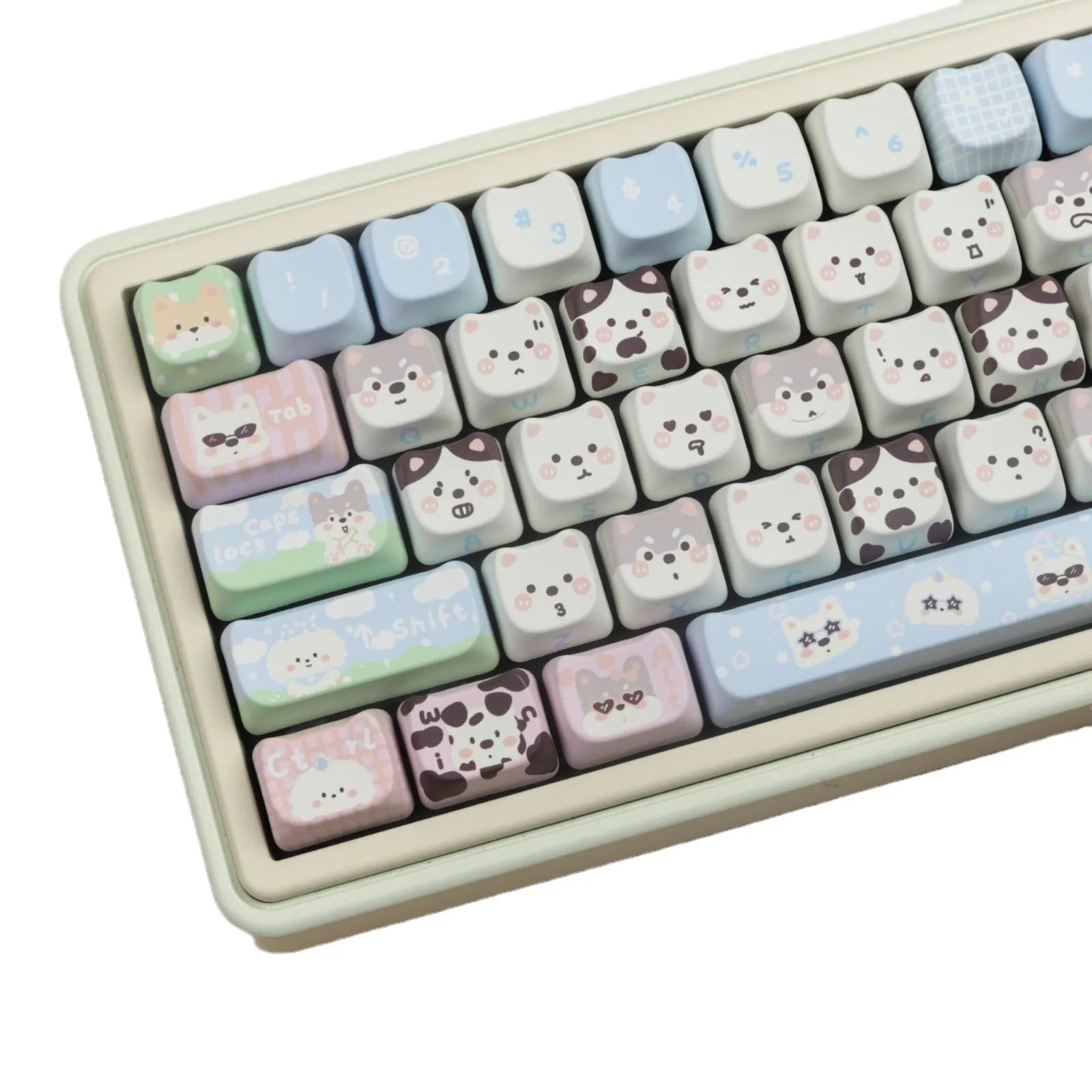 Full set of PBT keycaps for mechanical keyboards with colourful sublimation printed cat and puppy designs