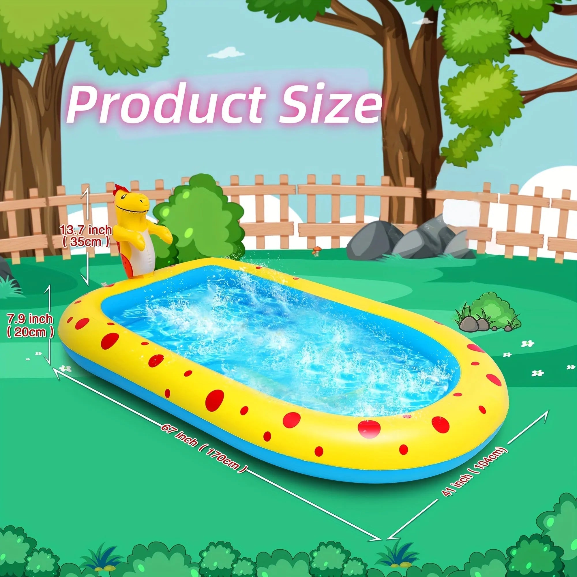 Blue inflatable dinosaur water spray pool with four water spray zones for children's outdoor play