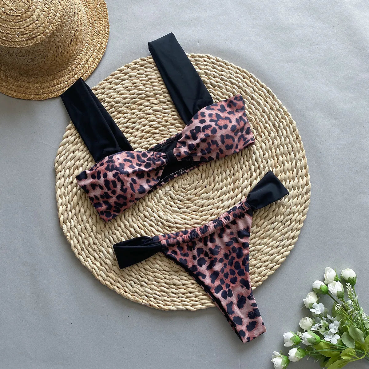 Women's leopard print bikini set with tube top and split panties swimwear