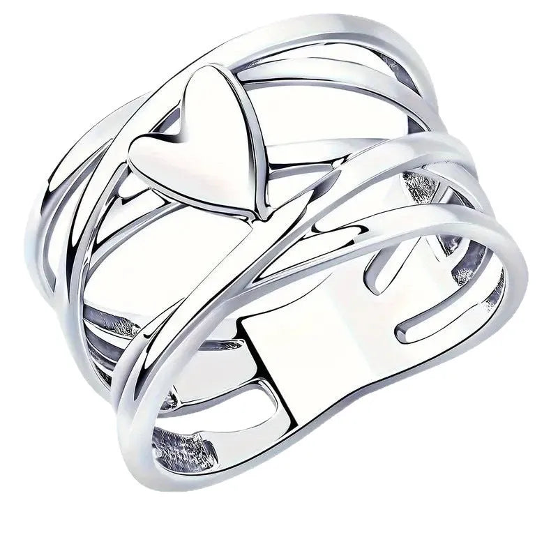 Heart French Simplicity Hollow Line Ring in silver colour, unisex copper geometric double love ring