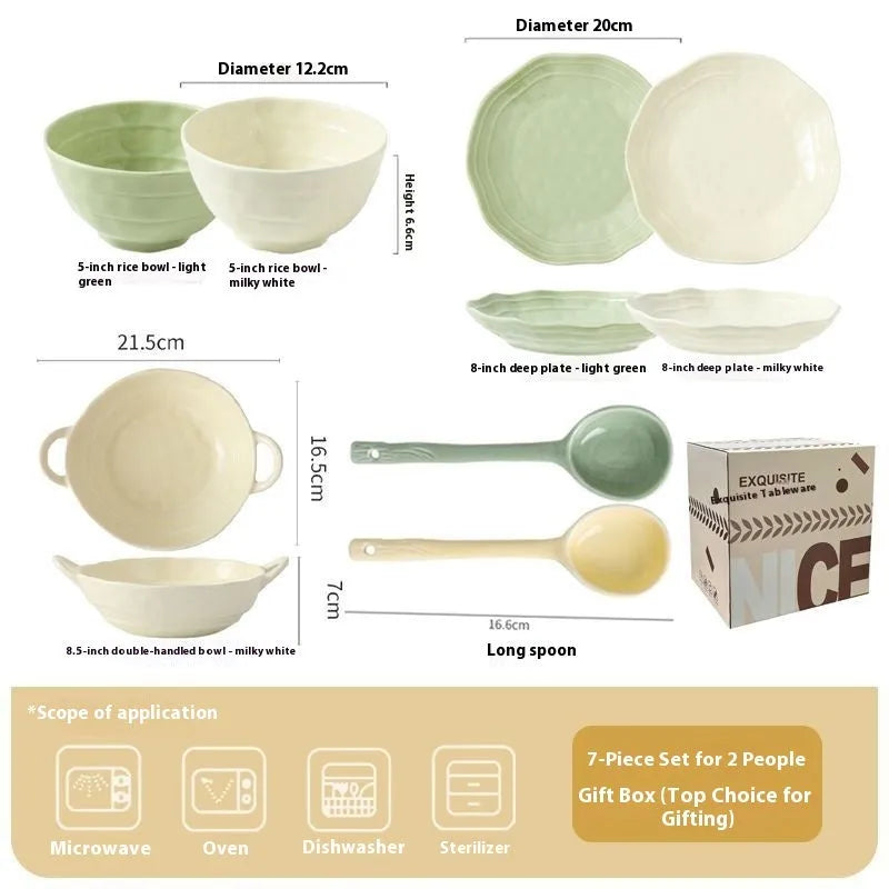 Seven-piece solid colour ceramic tableware set with matching dishes in gift box