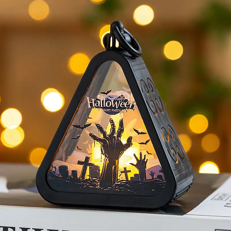 A portable Halloween decoration pumpkin lamp prop in plastic and glass, showing scale against a measuring tape.