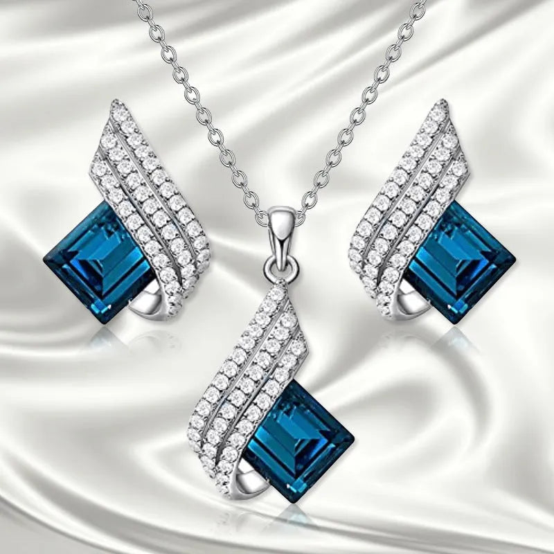Glass pendant necklace and matching ear stud set with electroplated finish and cross chain style for women
