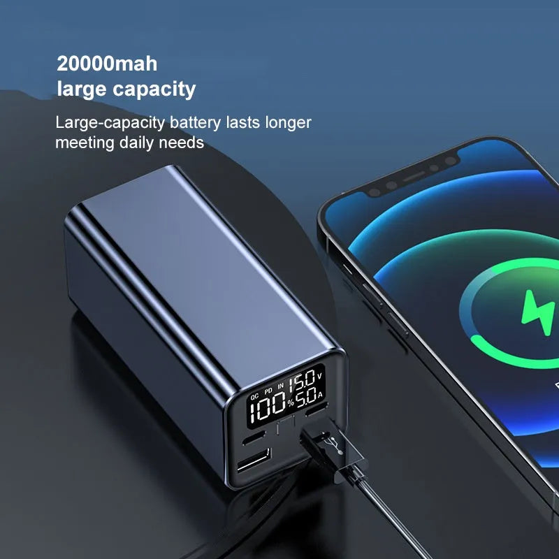 Super Fast 65W metal charging bank with 20000mAh capacity in black, blue, or grey colours.