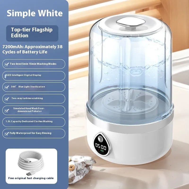 Portable household USB charging automatic mini washing machine in white plastic, 13.5cm wide.