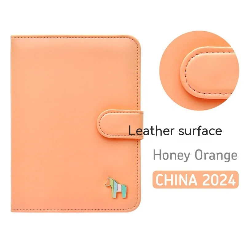 Leather schedule book showing 164x120mm dimensions with 396-day account pages and multiple colour options