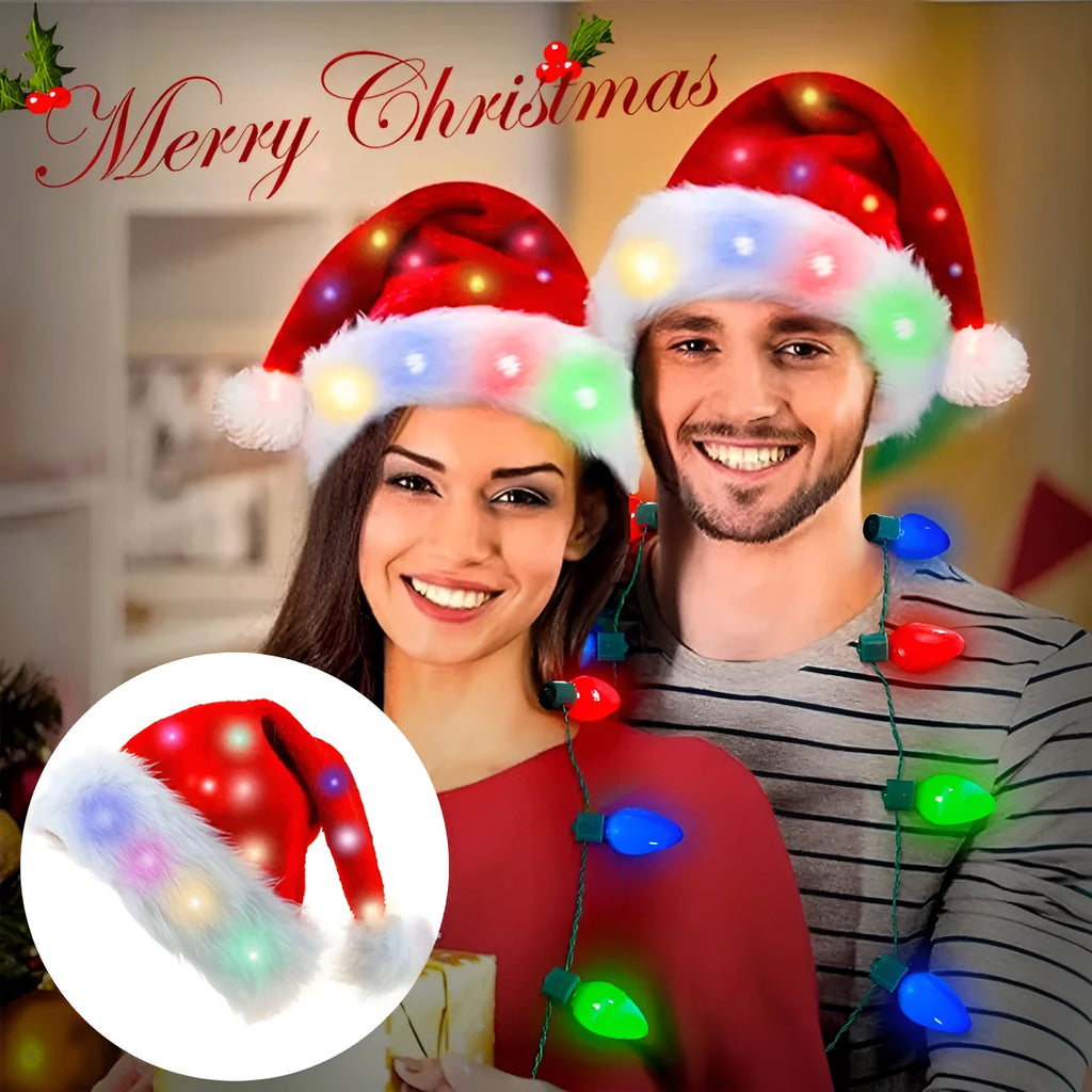 Red and white LED light up Santa hat with pom-pom, showing multicoloured twinkling lights on soft spandex material.