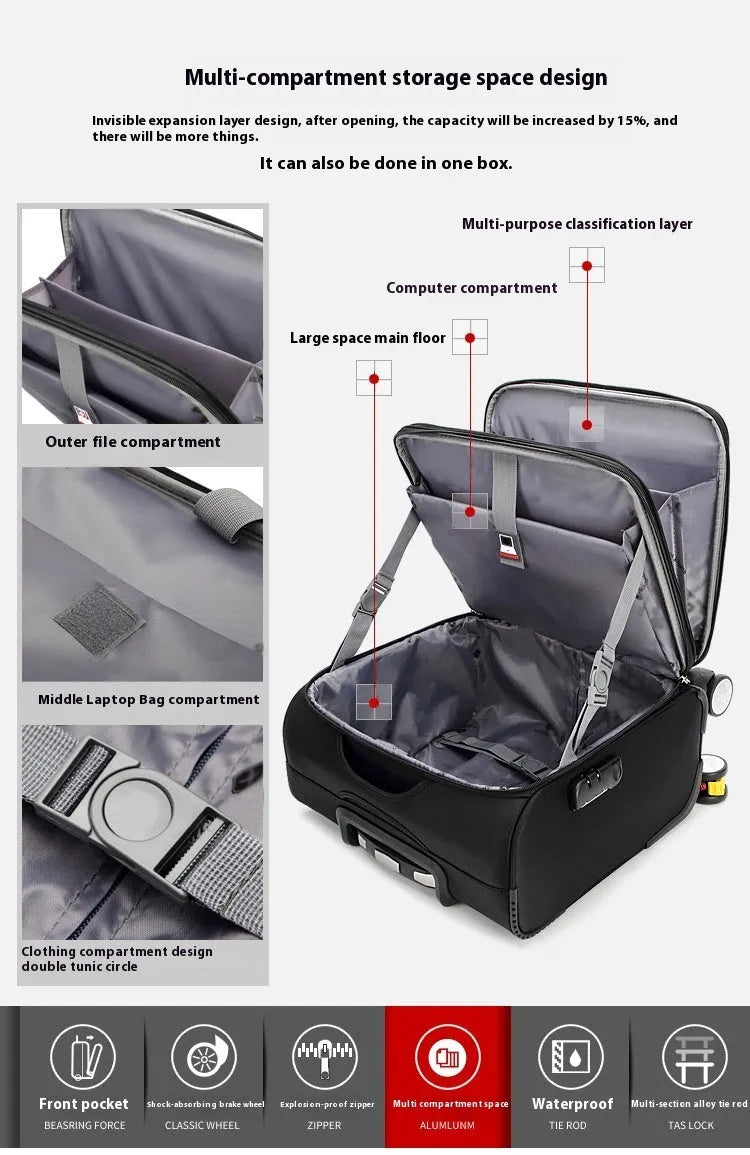18-inch black Oxford cloth business travel suitcase with pull handle and universal wheels