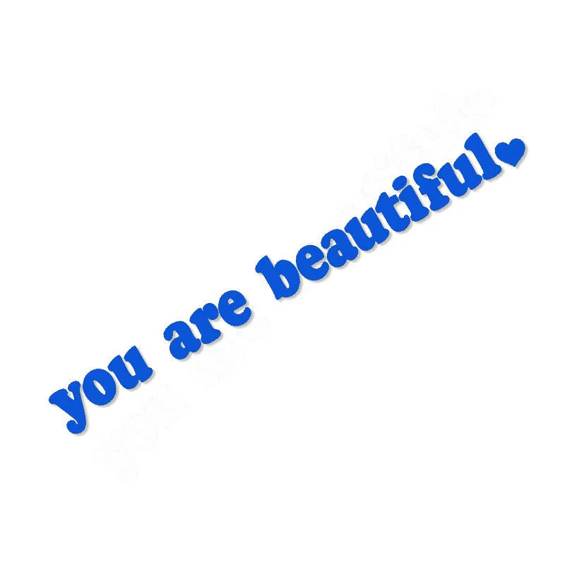You Are Beautiful sport PVC vinyl stickers in nine colours showing laser and gold finishes with dimensions