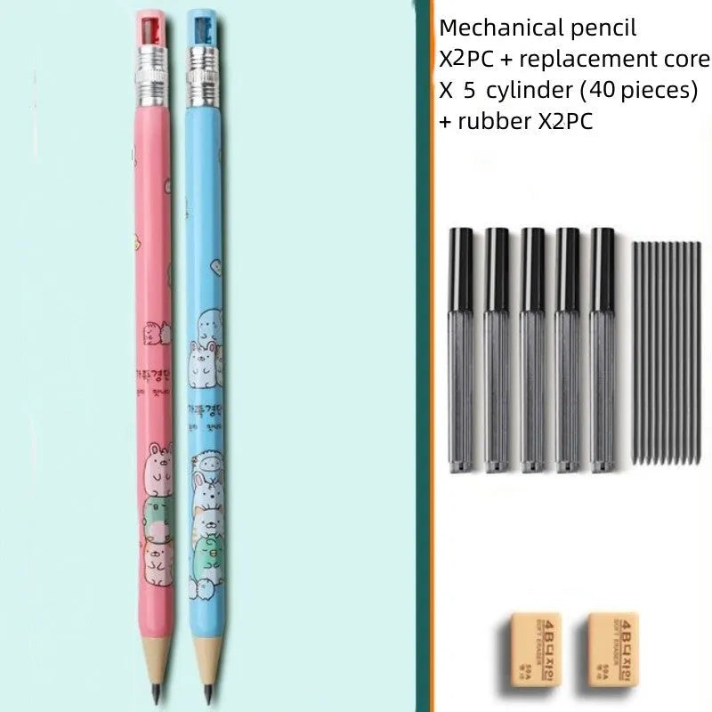 Set of colourful cartoon-style children's mechanical pencils with 2.0mm leads and separate rubber erasers.