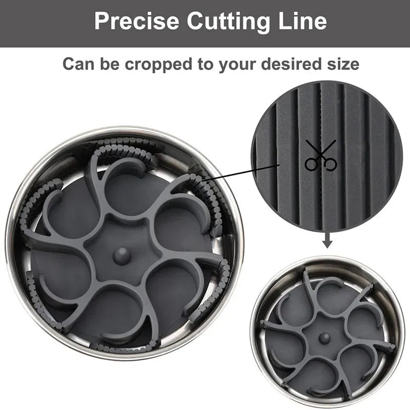 Grey silicone dog slow feeder insert with spiral design and suction cups on base