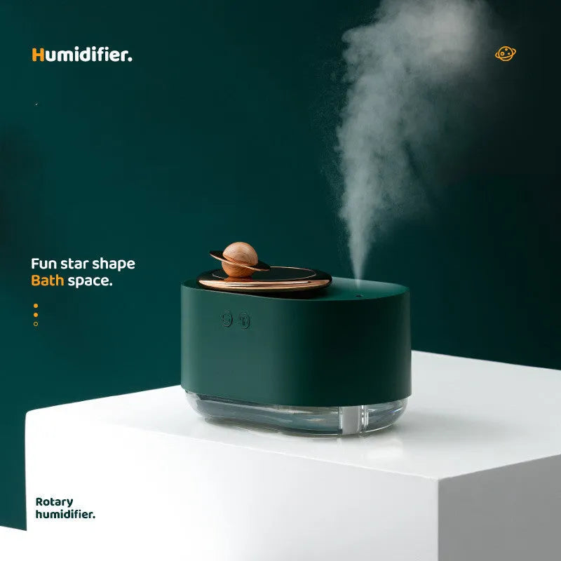 Rotating planet USB humidifier with night light in green, pink, or white colours