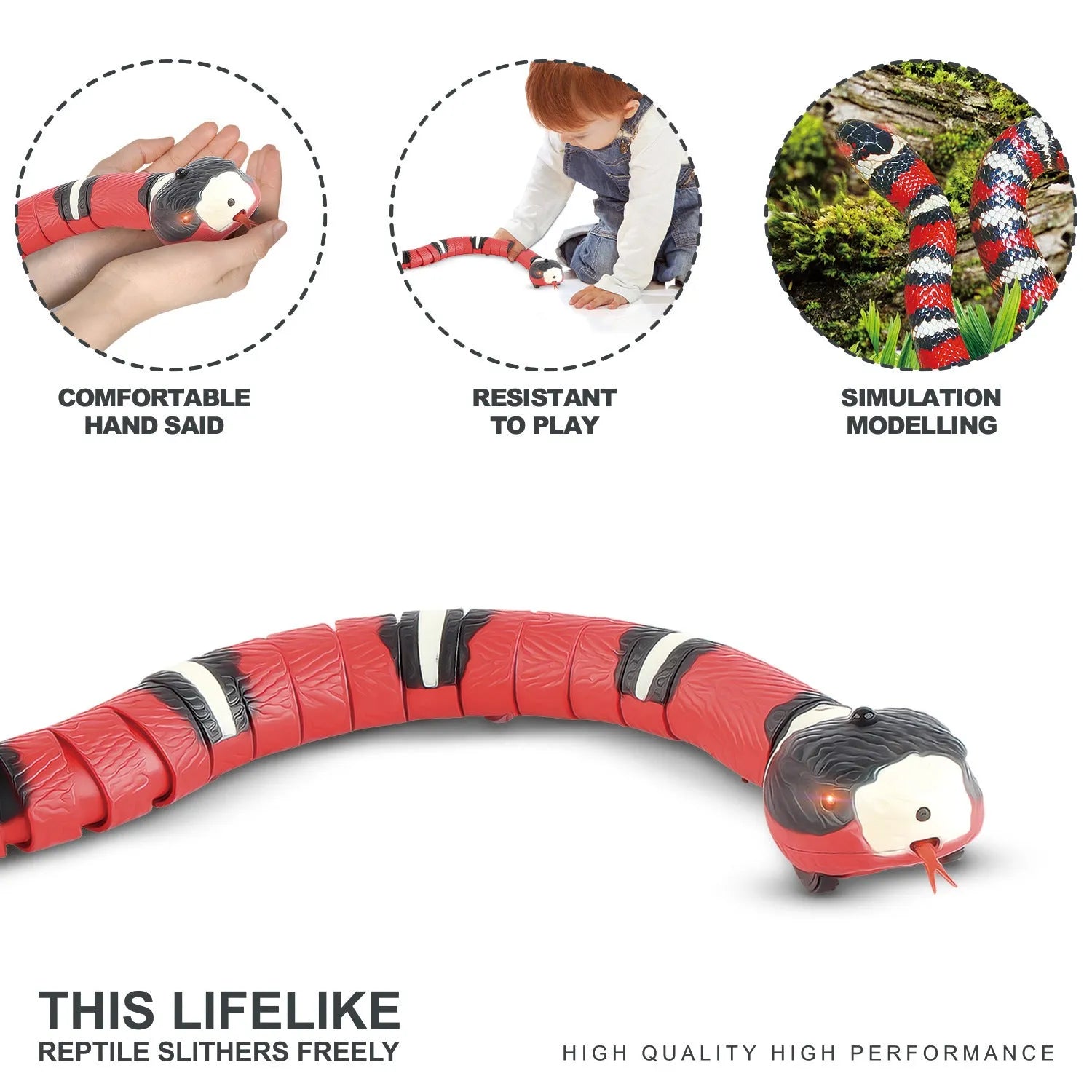 Smart sensing electronic snake cat toy with segmented plastic body and USB charging port