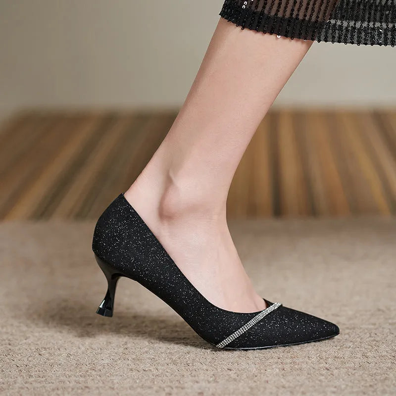 Black French style sequined high heels with 7cm thin heel on beef tendon sole