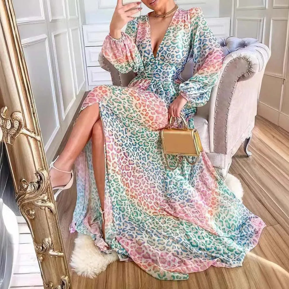 Women's lantern sleeve leopard print casual swing dress with mid waist and long sleeves
