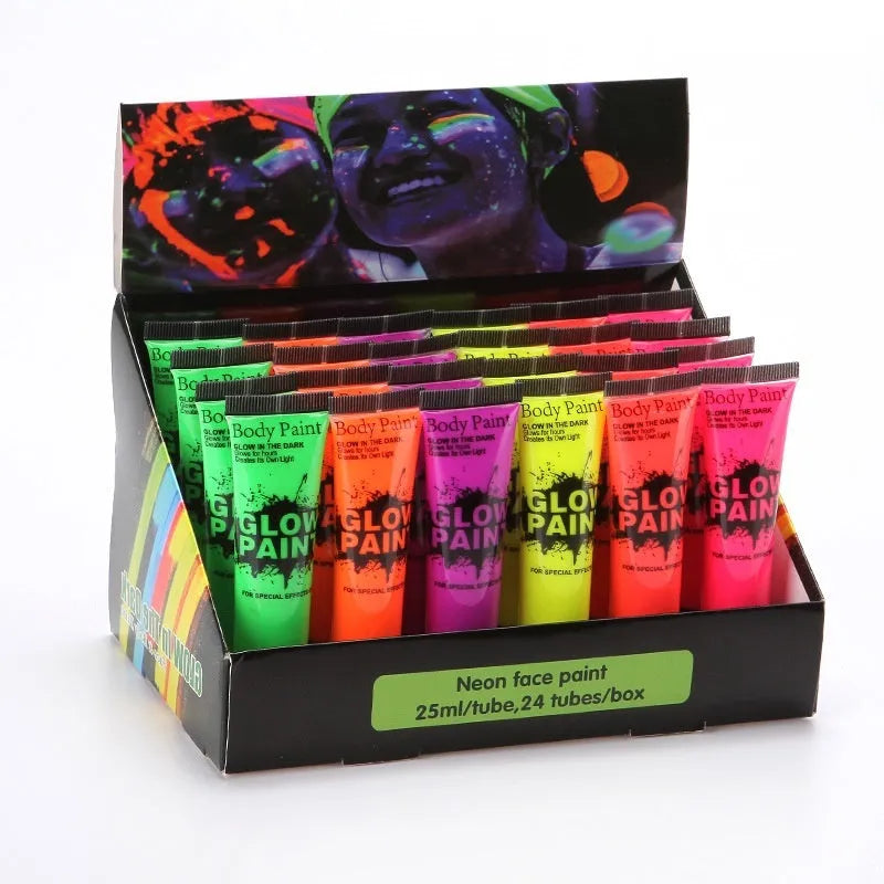 25ml squeeze bottle of neon green face and body paint gouache with safe, non-toxic label.