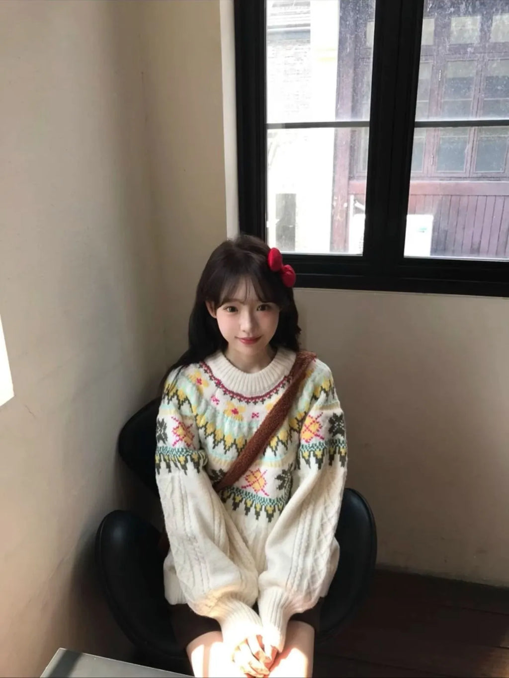 Milky white women's knitwear pullover with loose lantern sleeves and a Mori-style texture.