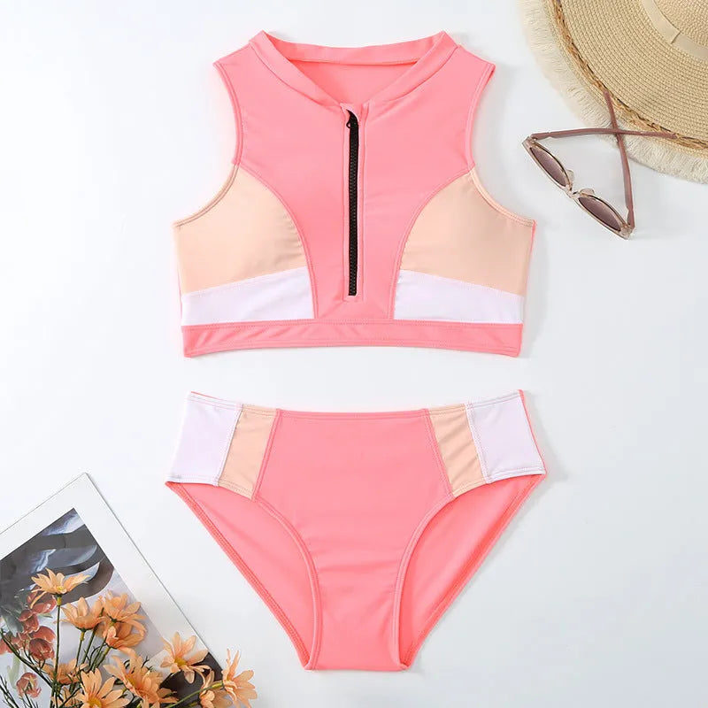 Pink high waist split leg bikini swimsuit with bra and shorts set