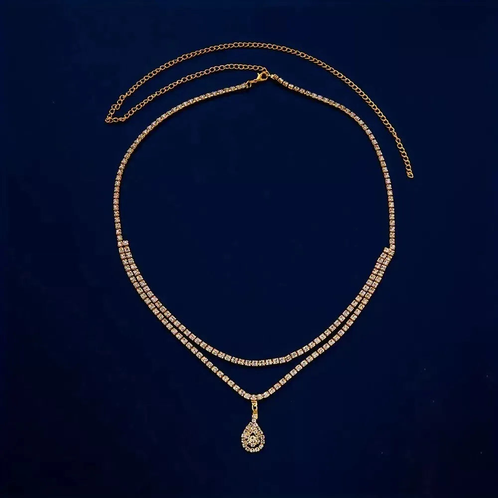 Water drop pendant waist chain with rhinestone tassel in gold, 105cm length, single circle design