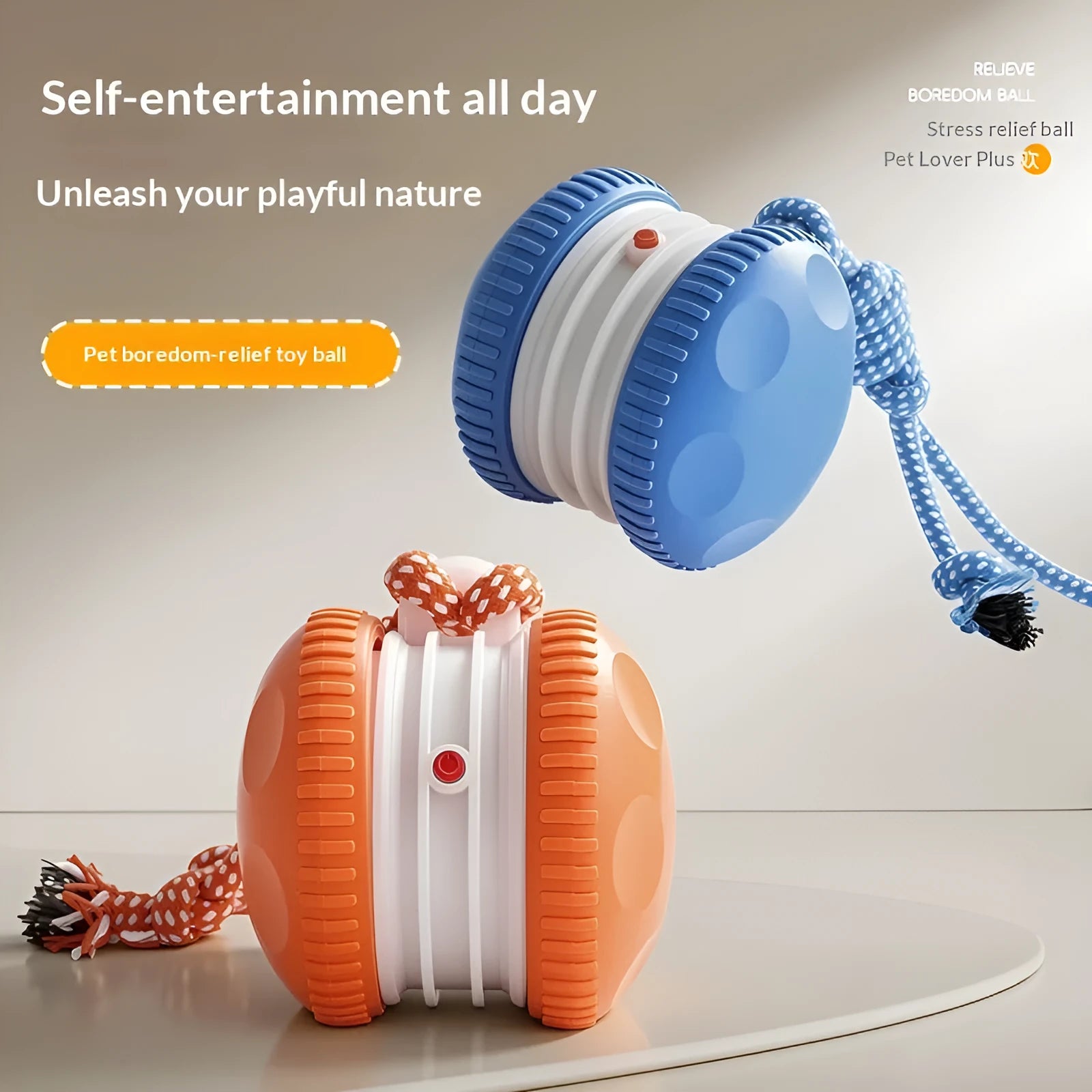 Rechargeable ABS rolling ball pet toy in orange colour on a light floor