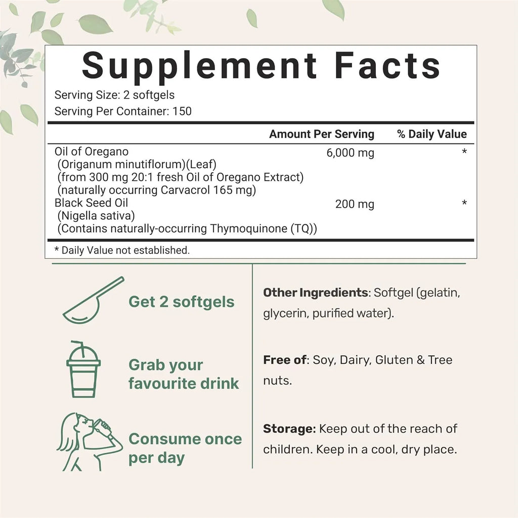 Sealed pack of black seed oil softgel capsules, available in 180 or 300 tablet sizes.