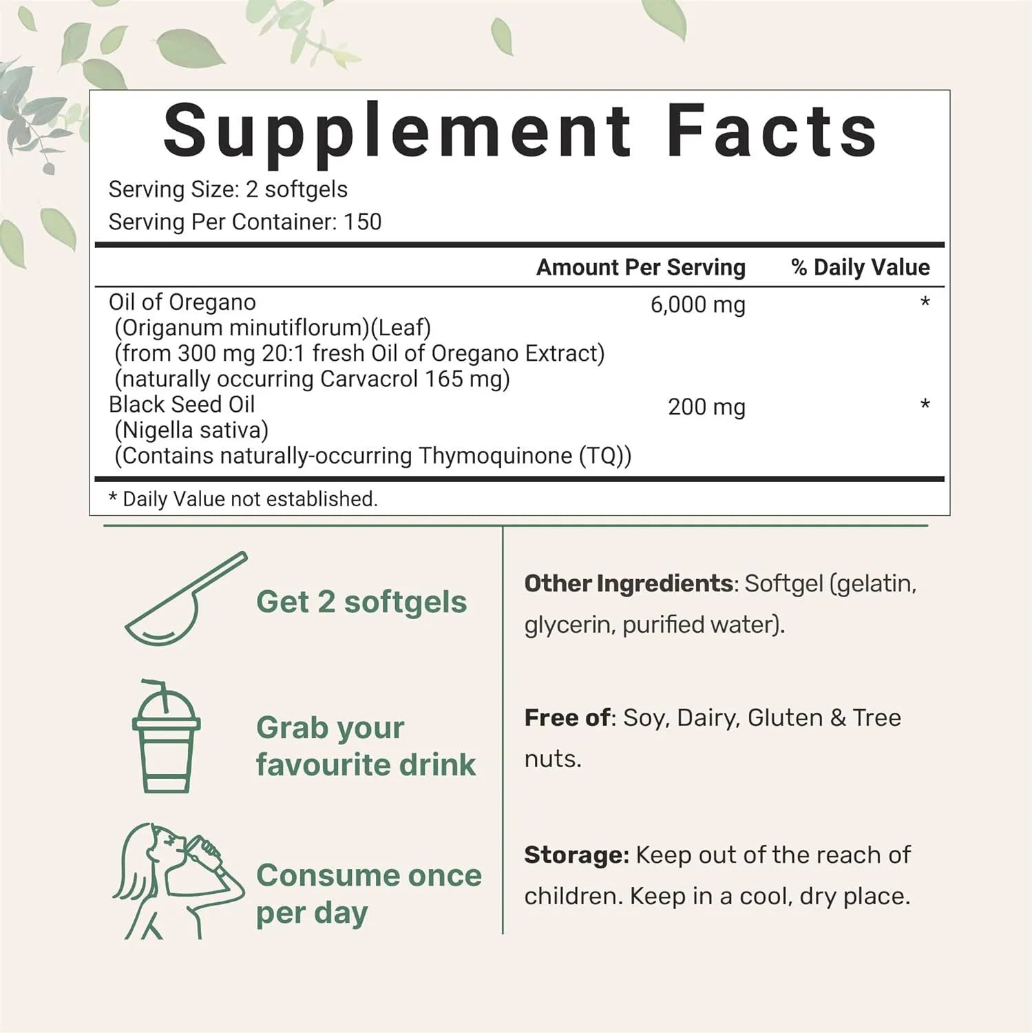 Sealed pack of black seed oil softgel capsules, available in 180 or 300 tablet sizes.