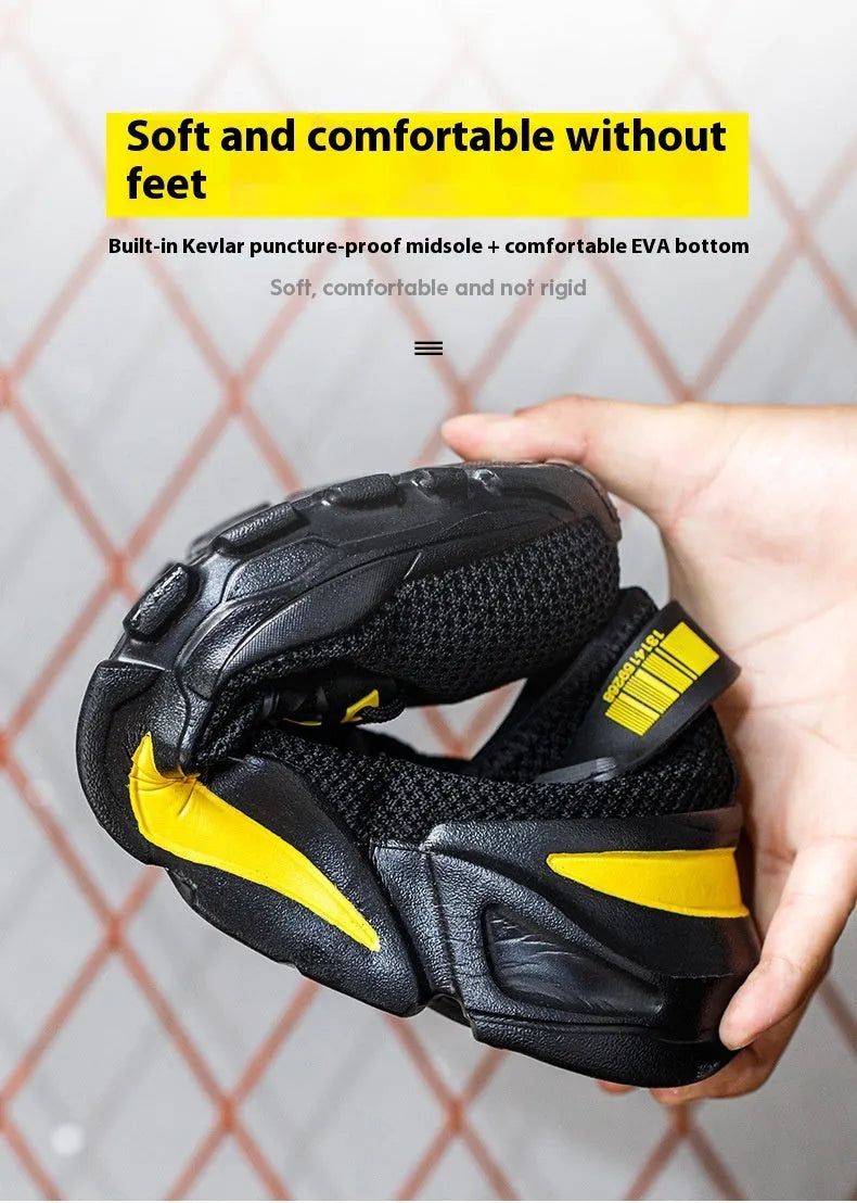 Men's low-top Flyknit safety work shoes in black, featuring a steel toe cap.