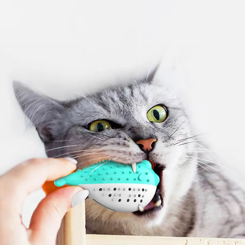 Blue silicone fish-shaped cat chew toy for grabbing and playing