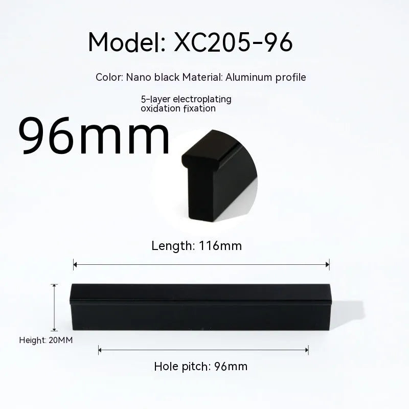 Aluminium alloy one-word cabinet door handle in nano black anodic oxidation finish with visible screw holes