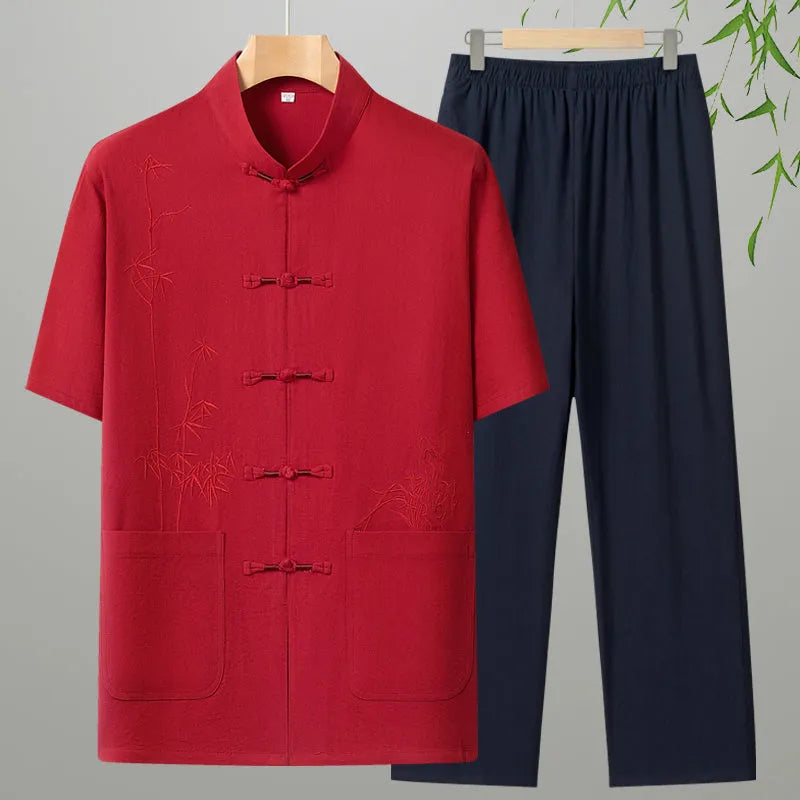 Cotton short-sleeved leisure suit for older men in multiple colour options with two-piece construction