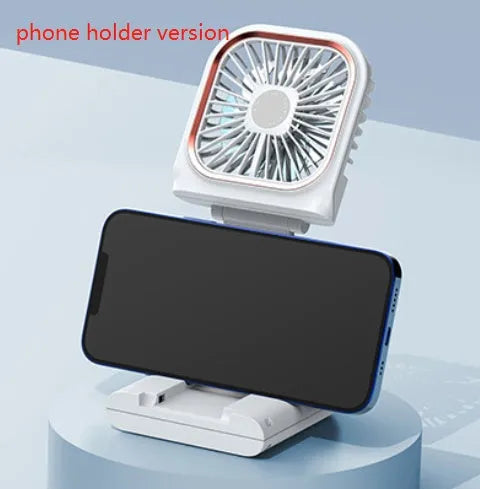 Hands-free wearable neck fan with dual blue cooling blades and USB charging cable.
