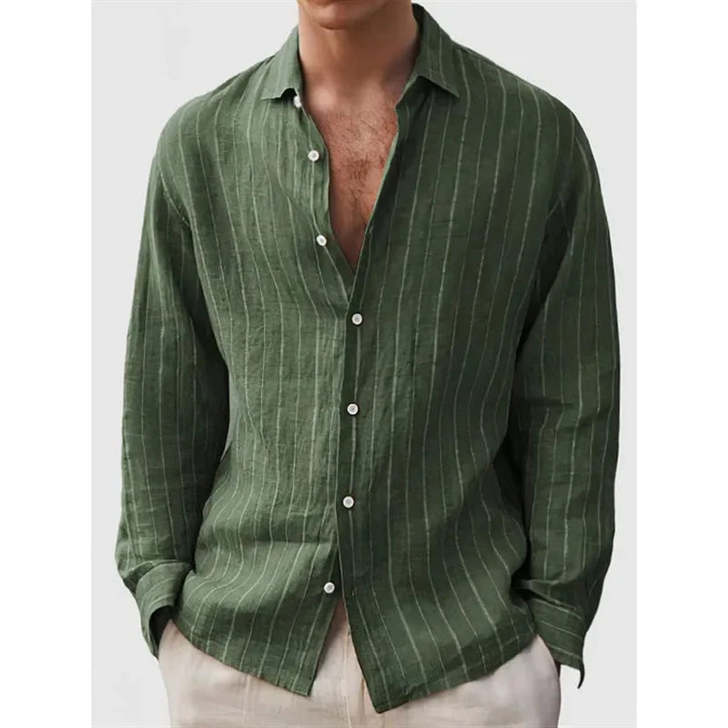 Man wearing a loose-fit striped short-sleeve cardigan-style polyester shirt for casual wear.