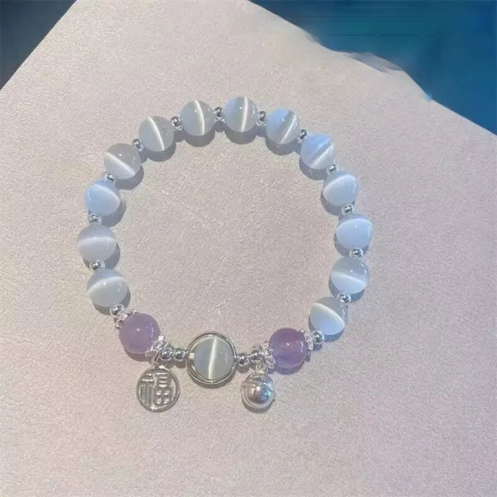 Glass butterfly bracelet for women with drop-shaped coloured glaze beads in grey moonlight colour option