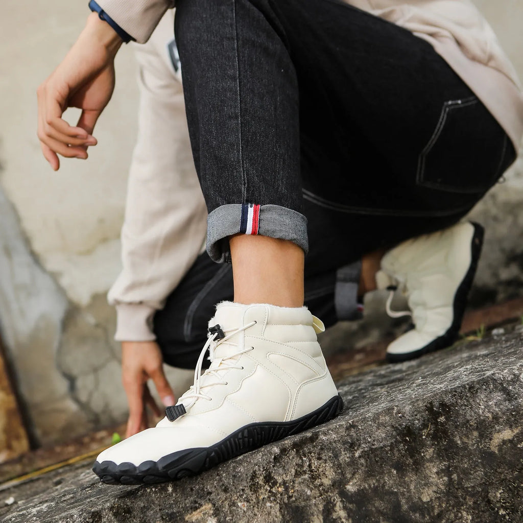 Five-finger waterproof hiking snow boots with fleece lining and rubber outsole in beige, grey, black, or wine red.