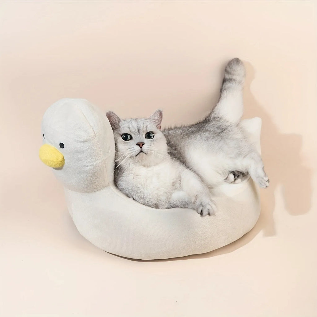 Blue duck-shaped fluffy pet bed for small dogs and cats with unique pattern