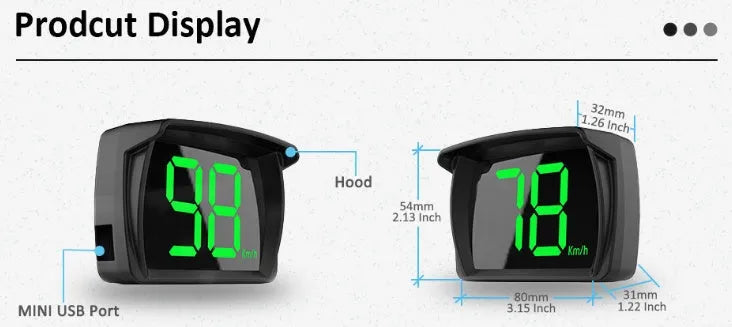Universal HUD head-up display car speedometer with USB cable, non-slip mat, and ABS housing in white and green colour options