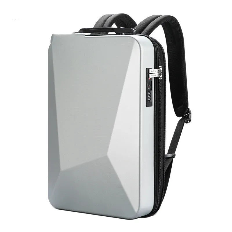 Large gaming backpack with hard PC shell, built-in lock, and double shoulder straps in Titanium Gold and Silver