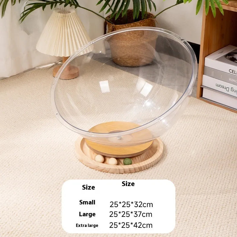 Transparent acrylic space capsule-shaped cat bed on a turntable, showing large size option.