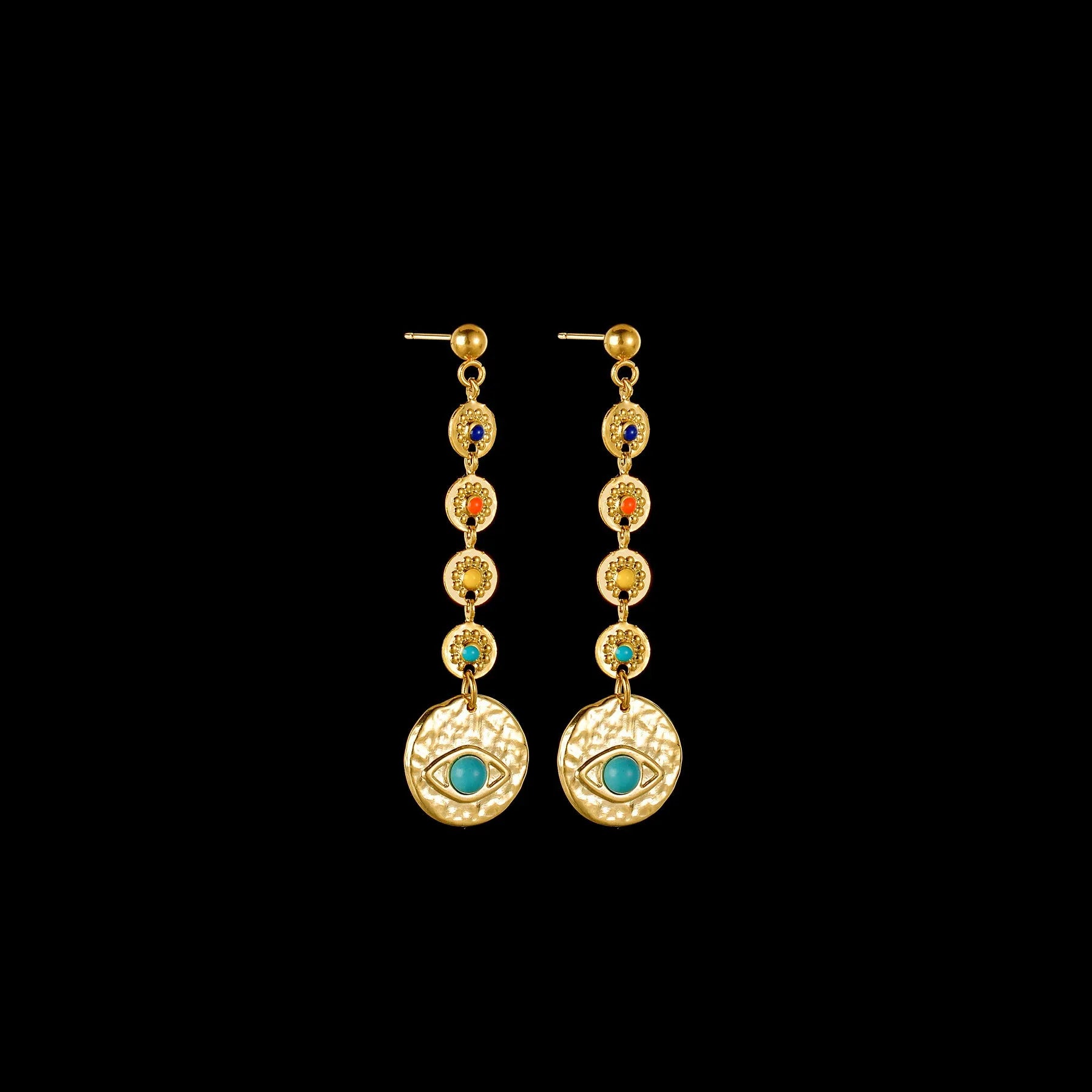 Stainless steel geometric earrings showing star, eye and shell sun design variations