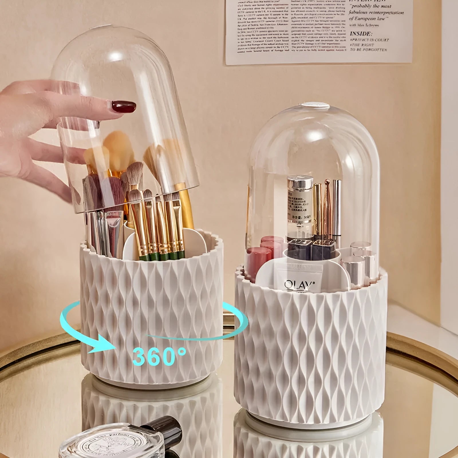 White acrylic makeup brush holder with transparent cover and rotating base for desktop storage