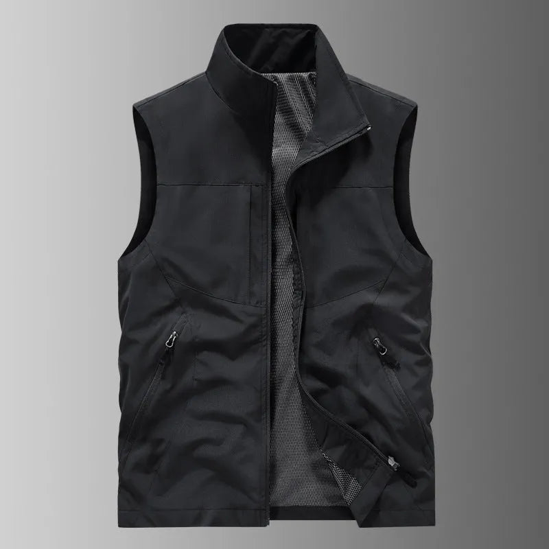 Men's casual stand collar printed vest in army green polyester loose fit