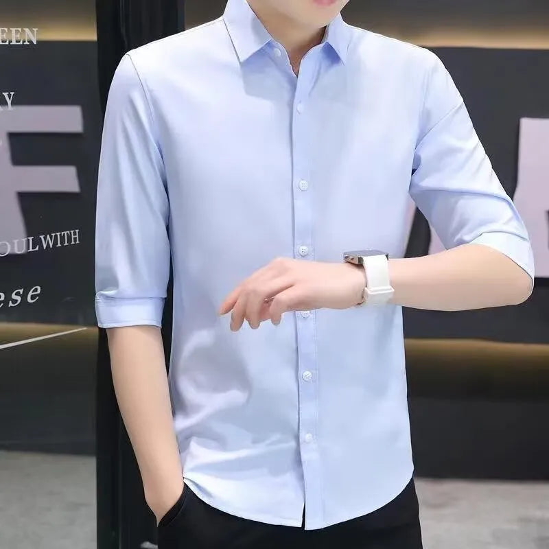 Men's slim-fit half-sleeve shirt in linen blend fabric shown in light blue colour.