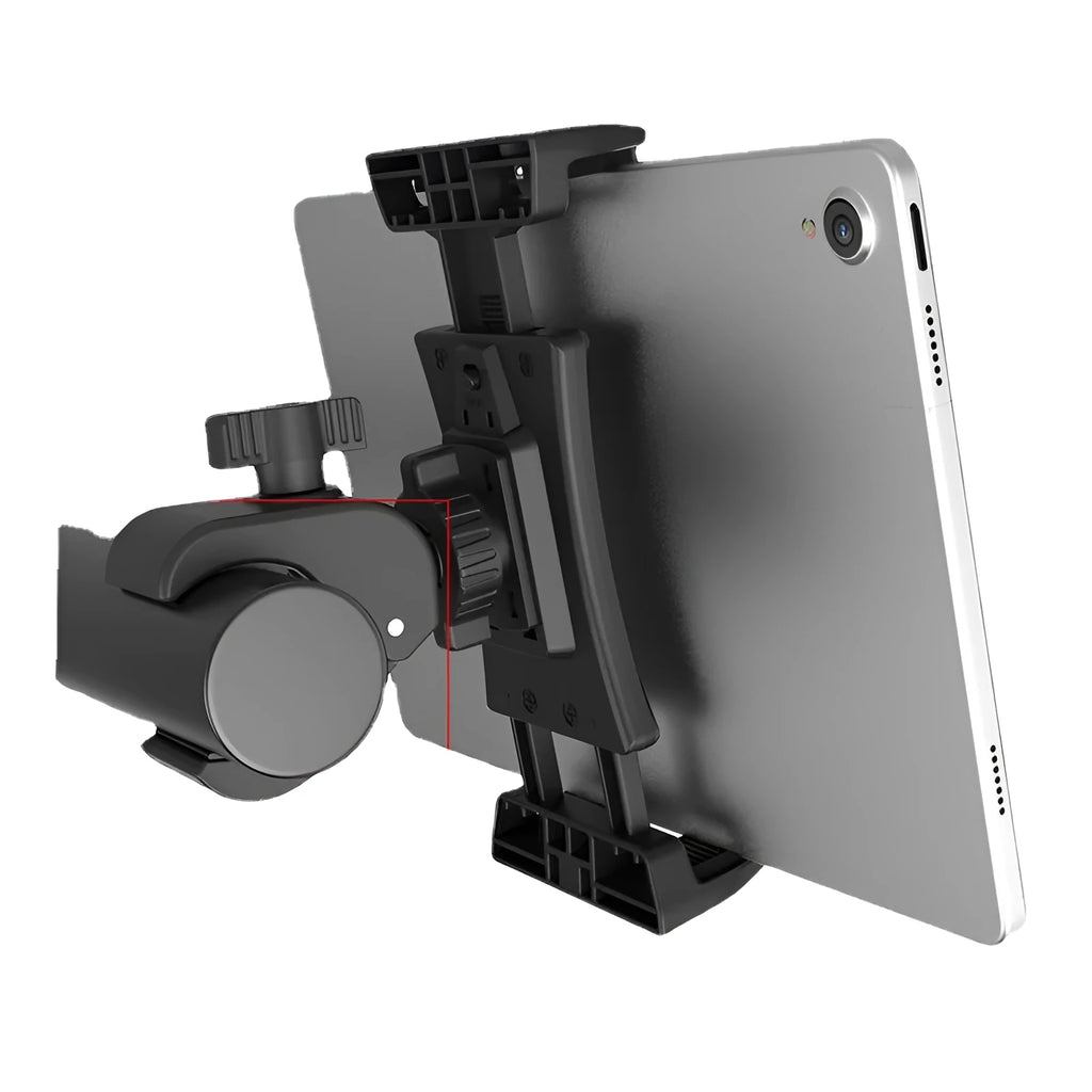 Black ABS plastic universal bicycle handlebar mount for mobile phones and tablets.